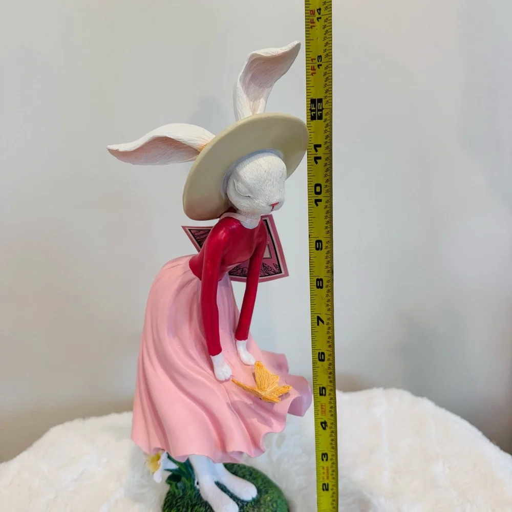 Elegant Girl Bunny Rabbit Figurine In Pink Flowing Dress 13.5” Tall Summer NWT